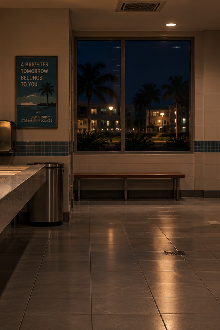 Original college-setting environment art from The Girls’ Bathroom